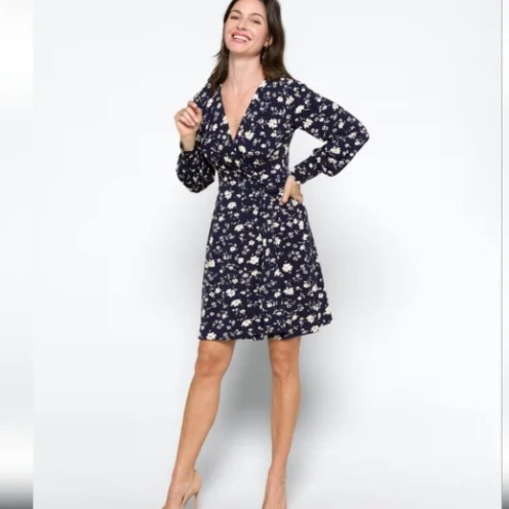 Kaileigh Navy Floral Mini Dress Long Sleeve V Neck Medium